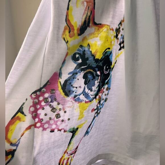 Orly Colorful French Bulldog Print Crew Neck T-Shirt White Women's Medium - Picture 5 of 5